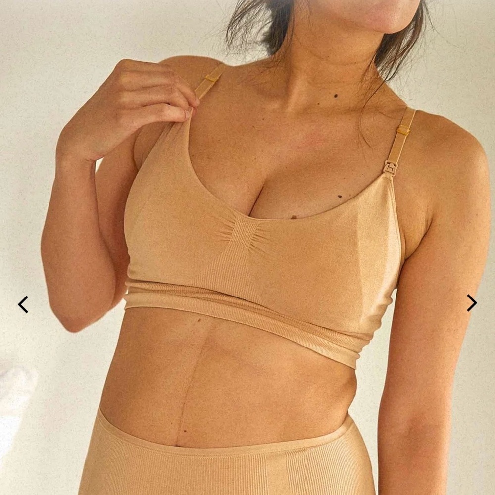 Hatch’s Essential Nursing And Pumping Bra. Color sand. Size medium.